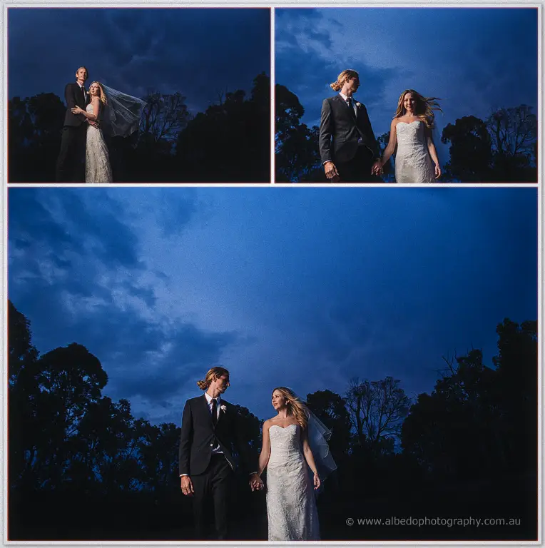 Tara and Stephen hold hands beneath a dramatic indigo sky as darkness settles over the treeline