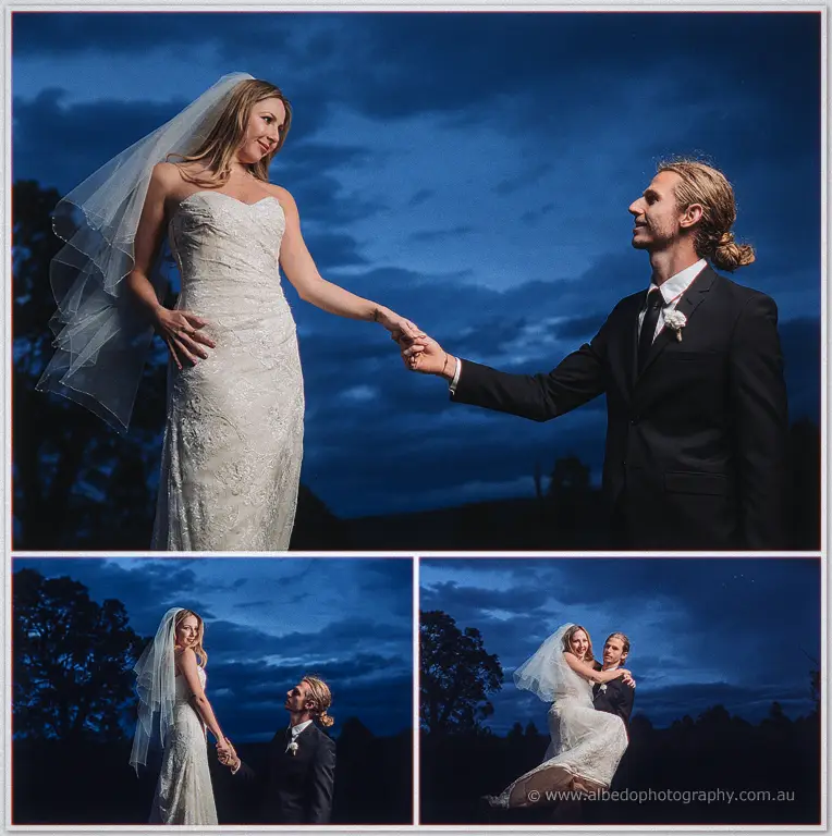 Stephen sweeps Tara off her feet at nightfall, her veil glowing against the deep blue clouds
