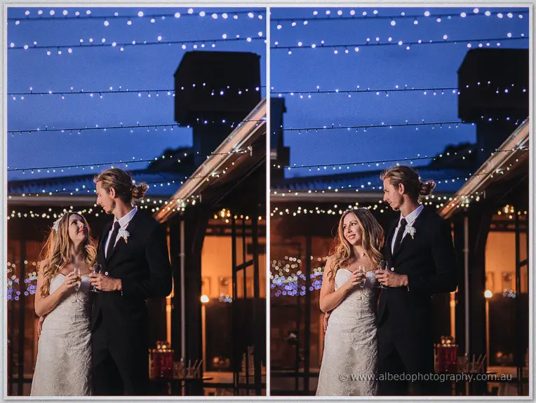 The couple steals a quiet moment together under the festoon lights of the evening reception