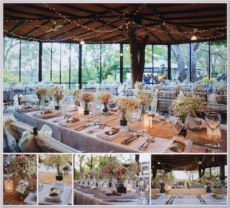 The round pavilion dining room set with baby's breath posies, candles and hessian runners