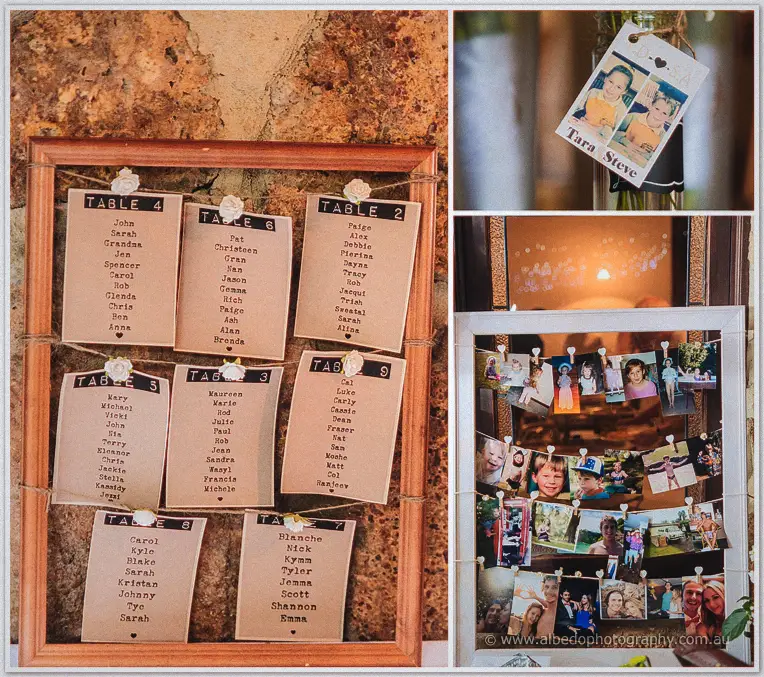 Rustic kraft seating charts and childhood snapshots of Tara and Steve pinned inside timber frames