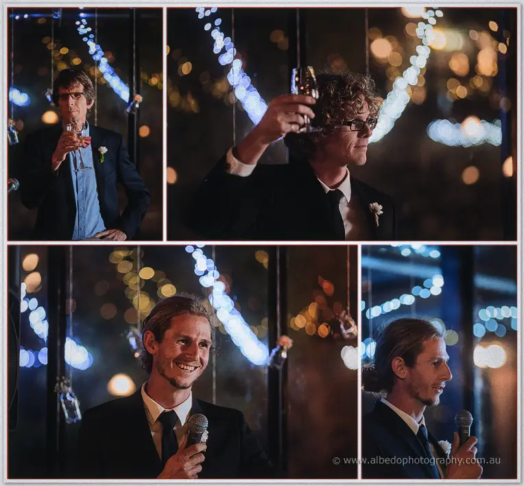 A groomsman toasts with wine and Stephen grins into the microphone beneath glowing fairy-light bokeh