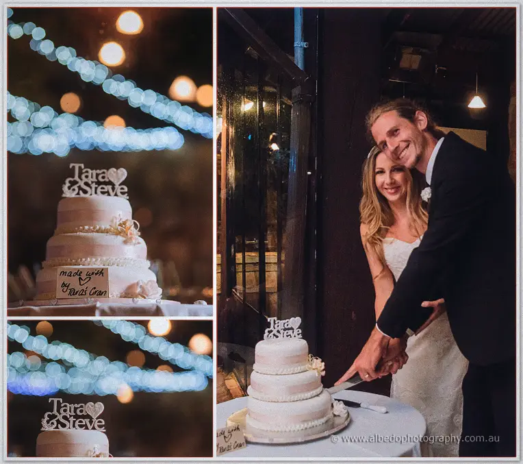 The couple cuts their blush-pink Tara and Steve cake beneath a canopy of twinkling blue lights