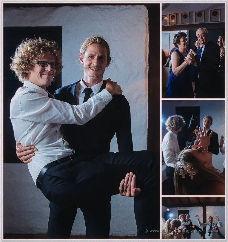A groomsman sweeps Stephen off his feet while guests dance the night away in the stone barn