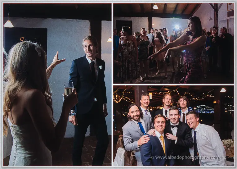 Tara toasts a laughing groomsman with champagne as friends dance beneath the fairy lights