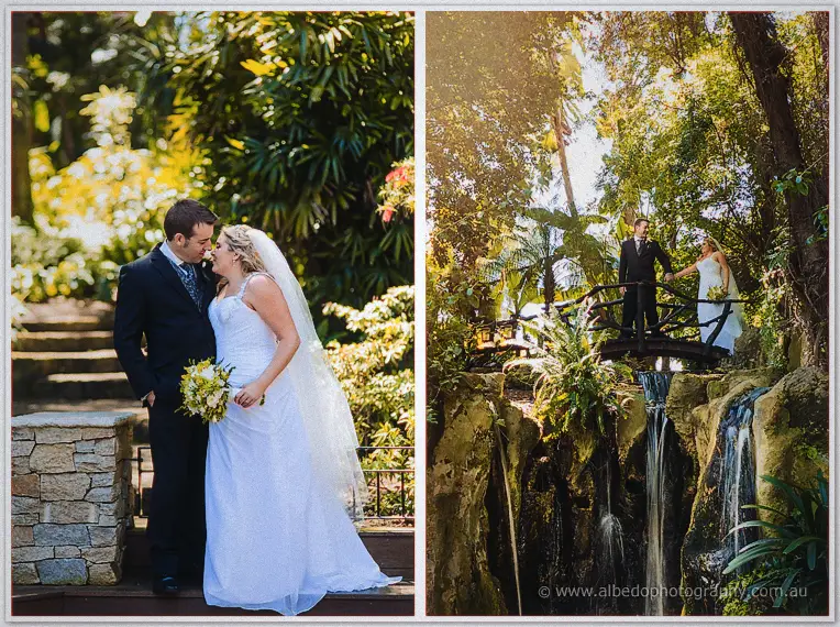Olivia holds Max close in dappled garden light, her veil sweeping wide as the couple gazes happily.
