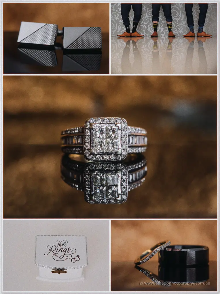 Tarmecca's square-cut diamond ring and Lee's matte black band gleam beside cufflinks in warm gold light.