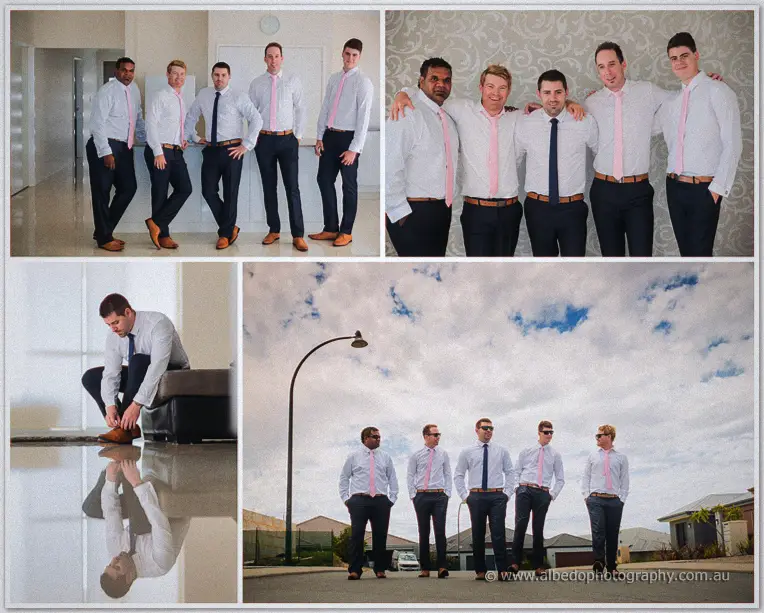 Lee's groomsmen line up in crisp white shirts and pink ties beneath a vast, cloud-streaked sky.