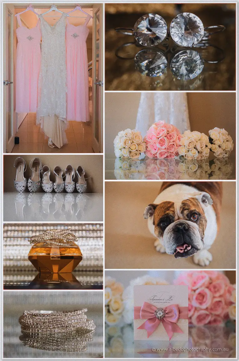 Tarmecca's lace gown hangs among pink bridesmaid dresses, rose bouquets and sparkling silver heels.