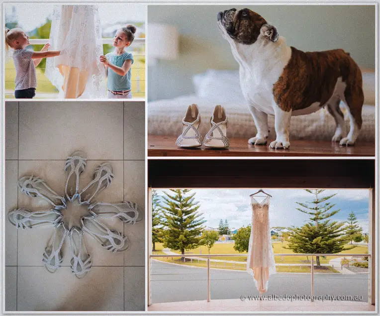 Tarmecca's daughters hold her veil to the light while her bulldog guards silver heels by the bed.