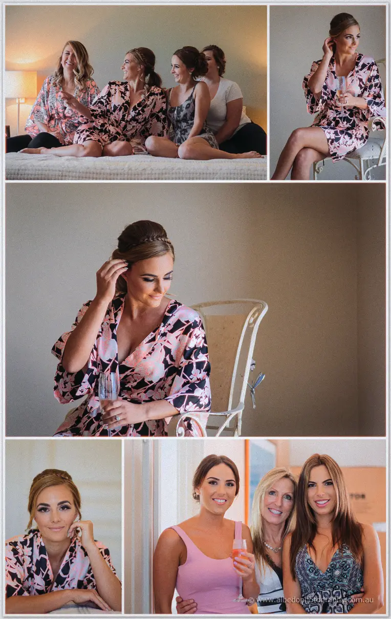 Tarmecca sips champagne in a floral robe, hair curled and laughing with her bridesmaids on the bed.