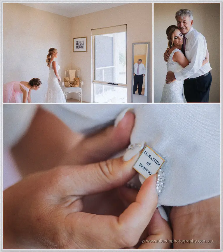 Tarmecca shares a hug with her father in white shirt and tie before a cufflink reads I'd rather be fishing.