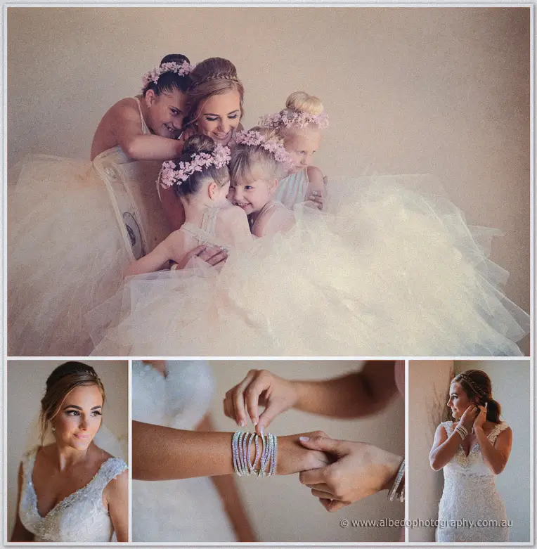 Flower girls in blossom crowns pile onto Tarmecca's tulle skirt for a cuddle before a bracelet is clasped.
