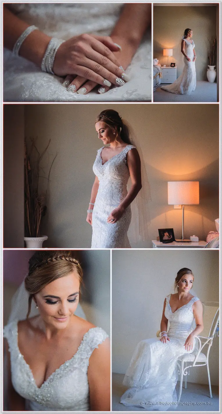 Lamplight warms Tarmecca's portrait in her beaded lace gown, ringed hand resting on the ivory dress.