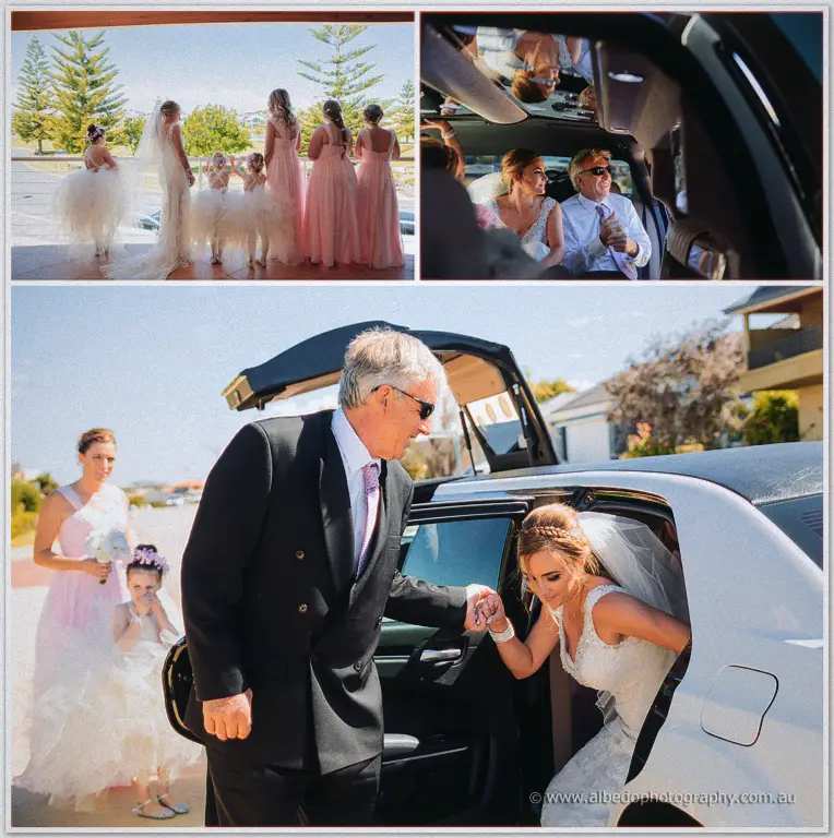 Tarmecca's father hands her from the limousine into spring sunshine as bridesmaids and flower girls follow.