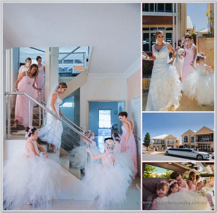 Tarmecca descends the stairs past tulle-clad flower girls before the party reaches a waiting white limousine.