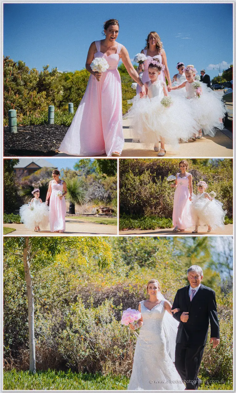 Tarmecca walks the garden path with her father, bridesmaids and tulle-wrapped flower girls streaming behind.