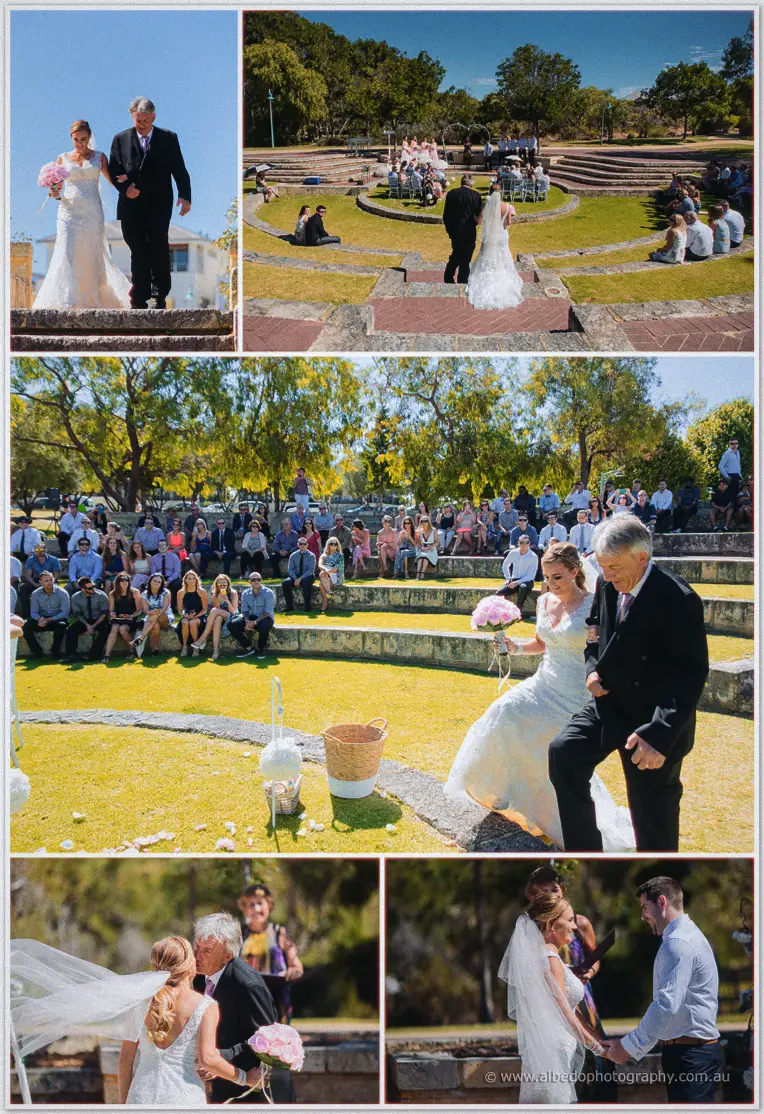 Tarmecca and her father descend into the sunlit amphitheatre where guests rise for the ceremony.