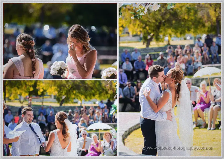 Collage of Tarmecca and Lee's outdoor ceremony: a teary bridesmaid, seated guests and their first kiss