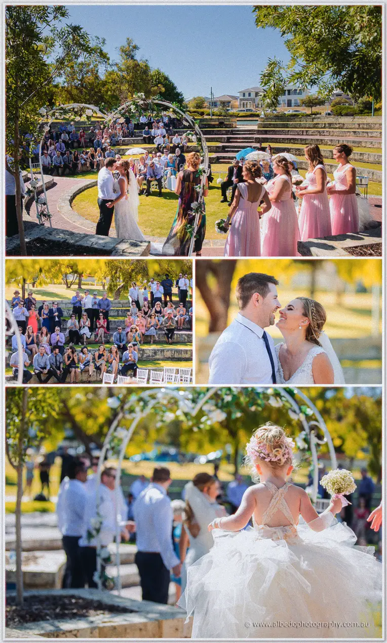 Sunlit amphitheatre ceremony at Hillarys as Tarmecca and Lee kiss before guests and their flower girl