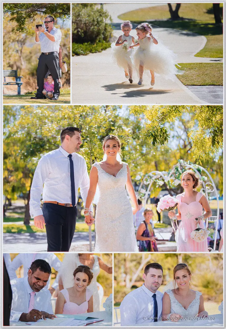 Wedding day highlights for Tarmecca and Lee: flower girls on the path, vows and the register signing
