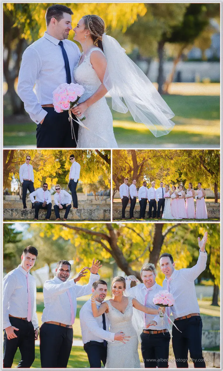 Tarmecca and Lee laugh nose to nose in golden light while their bridal party clowns for the camera