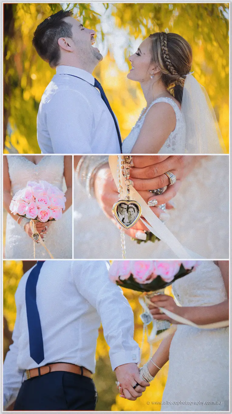 Lee laughs back his head as Tarmecca gazes at him, plus bouquet locket and linked hands in golden light