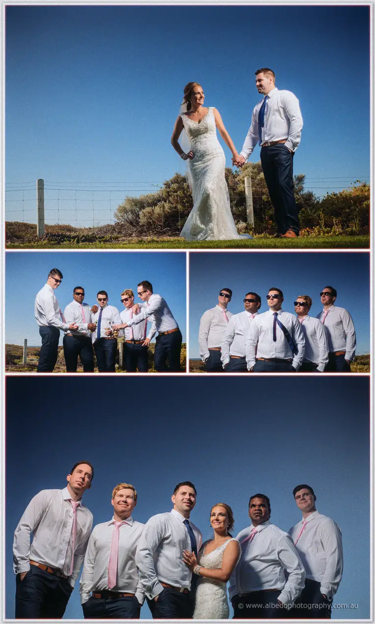 Bridal portraits on the Hillarys dunes: the couple against deep blue sky and groomsmen in sunglasses
