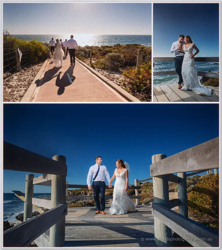 Tarmecca and Lee walk hand in hand over a timber ocean bridge with their bridal party on the coastal path