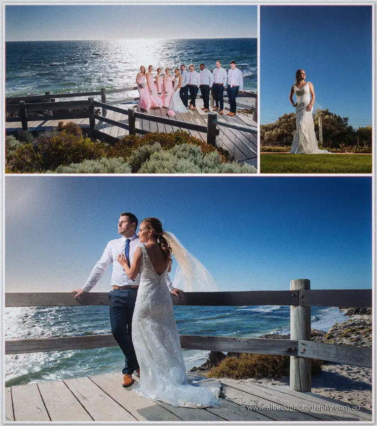 Bridal party gathered on a timber ocean deck while Tarmecca poses on the lawn and with Lee at the rail