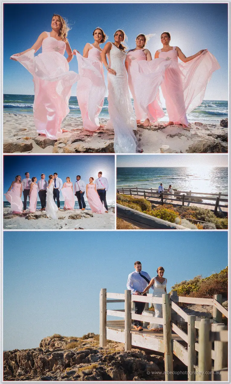 Blush bridesmaid gowns swirl in the sea breeze as Tarmecca and Lee pose on the sand and timber bridge