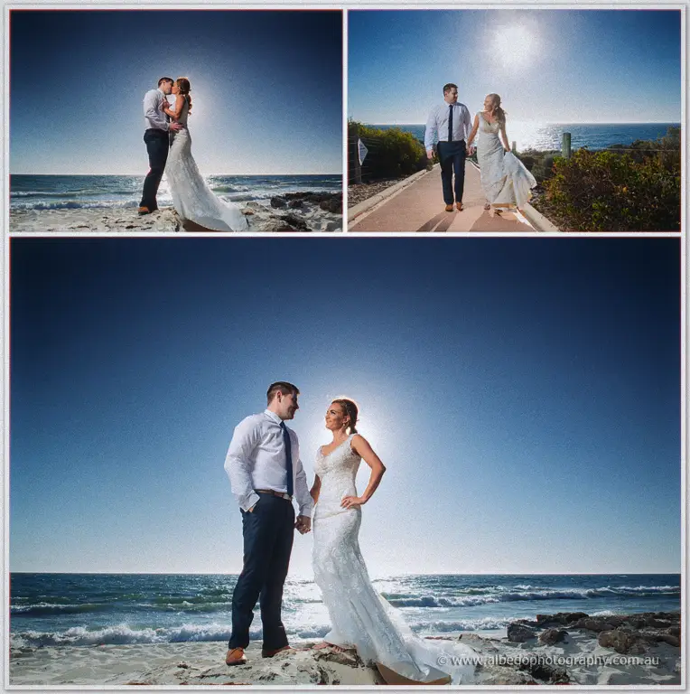 Tarmecca and Lee kiss on wave-washed rocks, walk the coastal path and pose beneath a deep blue sky