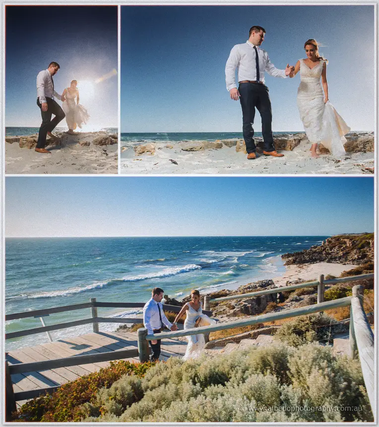 Tarmecca lifts her lace gown as Lee leads her down beach rocks and a timber stairway above turquoise water