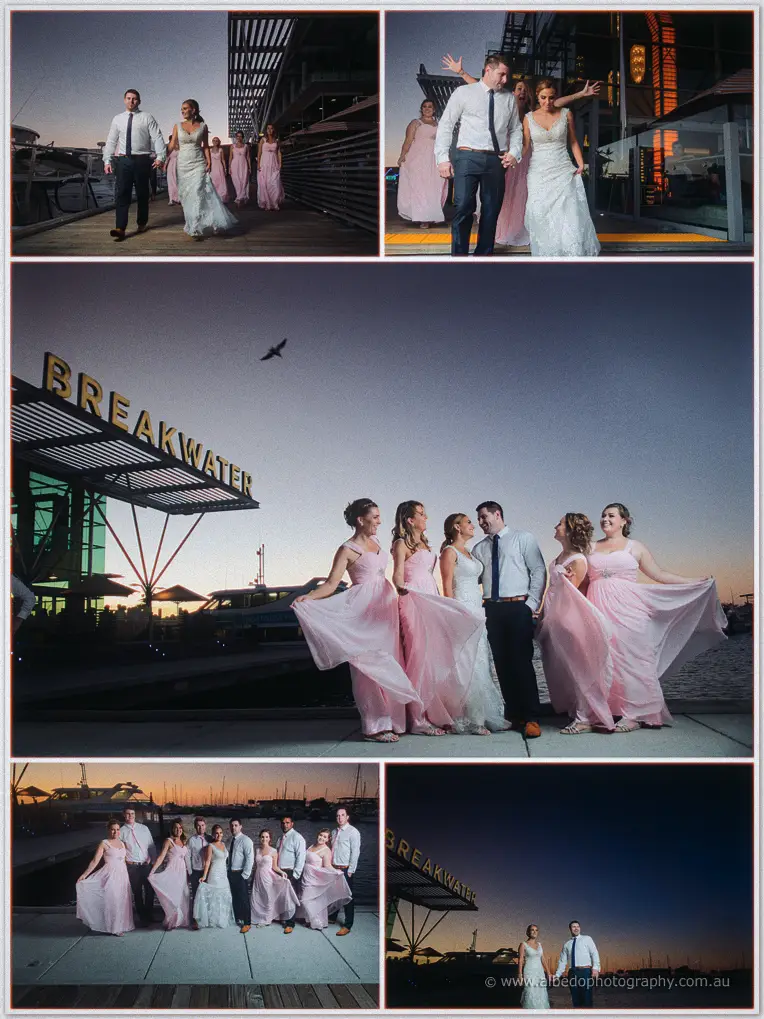 Twilight collages at Hillarys Boat Harbour: the couple and blush bridesmaids beneath the Breakwater sign