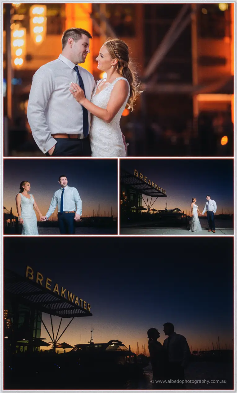 Tarmecca touches Lee's chest under warm night lights, then the pair hold hands in marina twilight