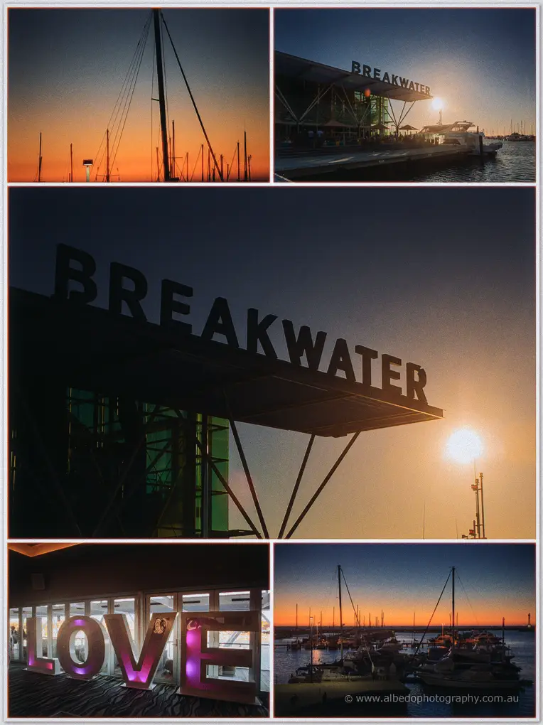 Dusk scenes at Hillarys: yacht masts, the Breakwater facade at sunset and a glowing LOVE sign