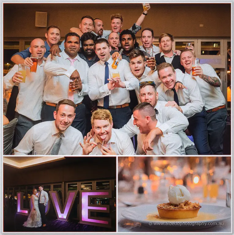 Groomsmen cram into a rowdy group shot while the couple pose by LOVE letters and dessert arrives