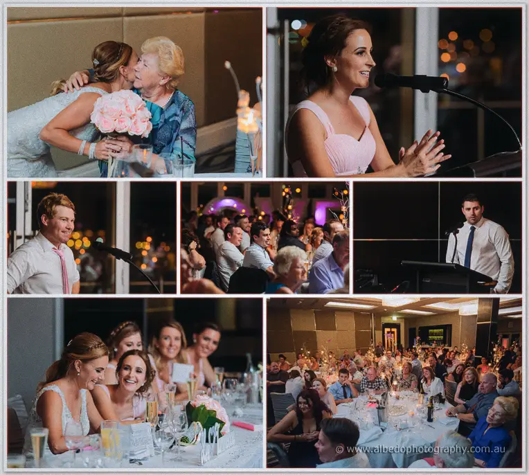Reception toasts at the Akoya Suite: family embraces, speeches at the mic and a full bridal table laughing