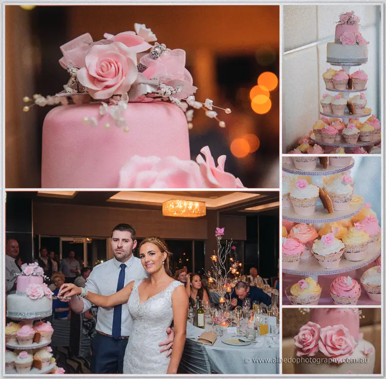 Tarmecca and Lee cut their pink rose cake as close-ups show the sugar flowers and cupcake tiers