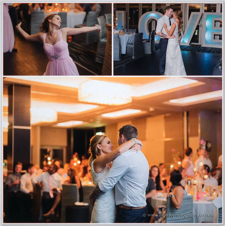 First dances in the chandelier-lit ballroom: Tarmecca spins solo and sways with Lee past glowing LOVE letters
