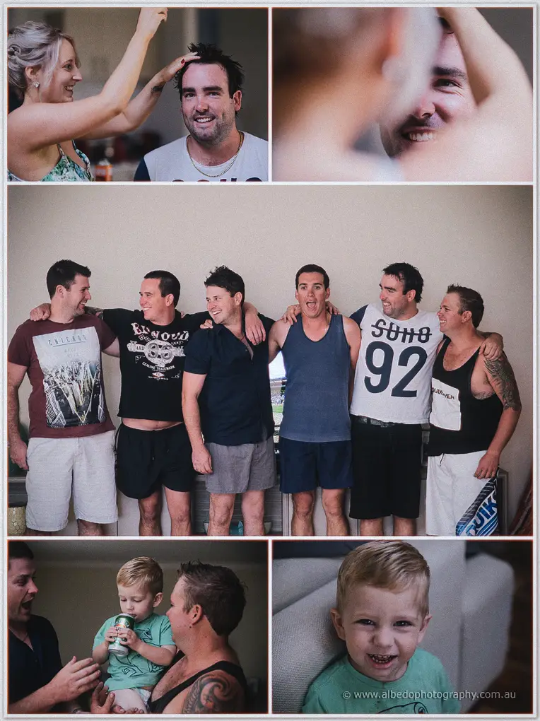 Michael laughing with his groomsmen in casual clothes during relaxed pre-wedding preparations