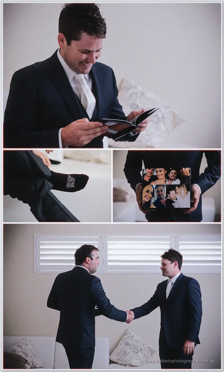 Michael smiling over a photo gift from Prue before shaking hands with his best man
