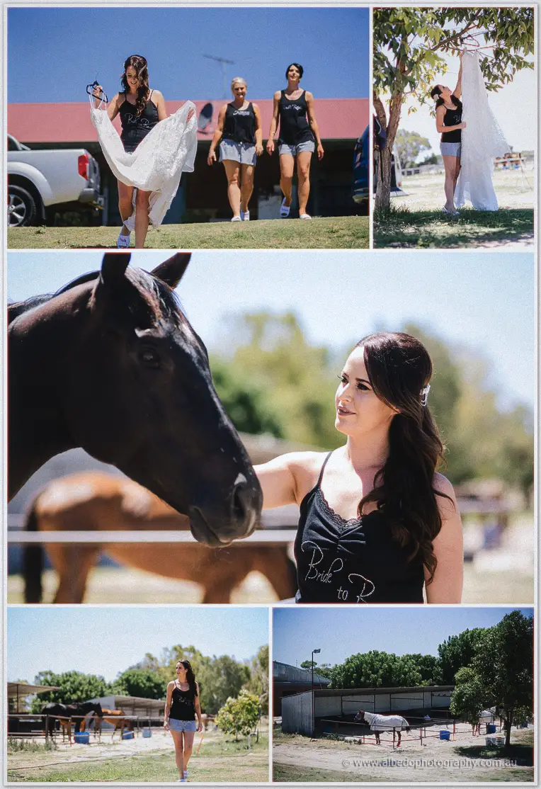 Prue in a Bride-to-Be singlet patting a dark horse on the sunny Fairbridge property