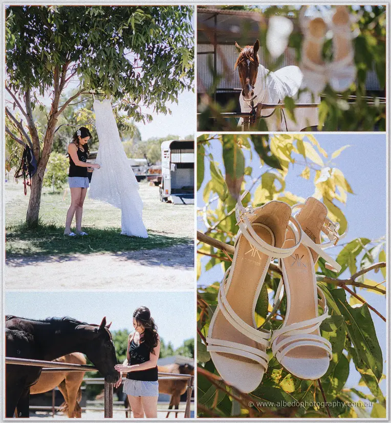 Prue's lace wedding dress hanging from a gum tree branch beside her ivory heels