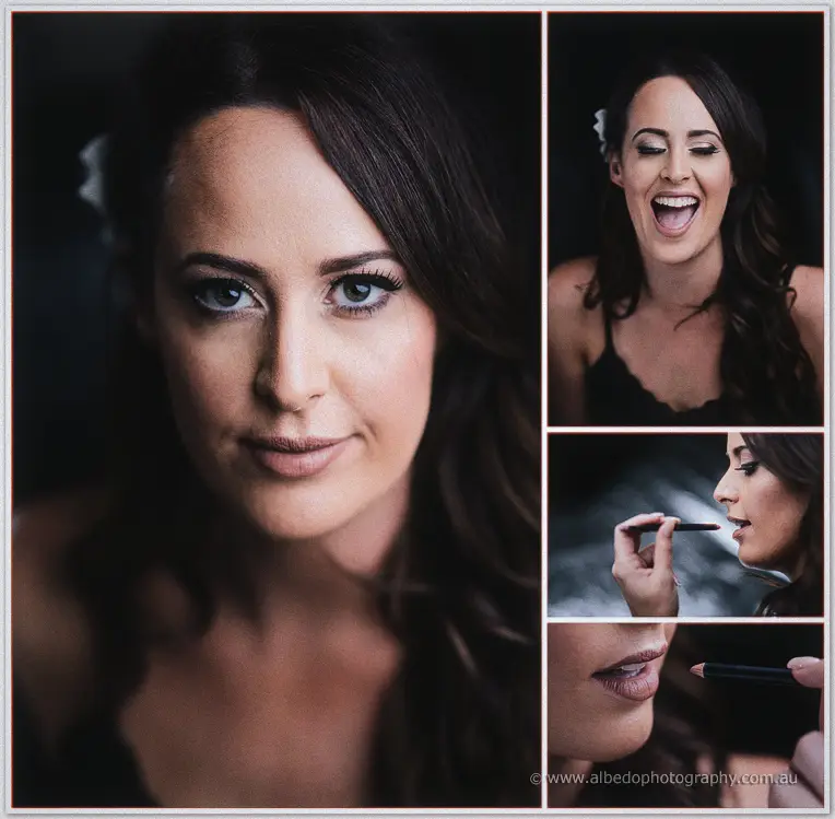 Close portrait of Prue with soft makeup, laughing as lipstick is applied