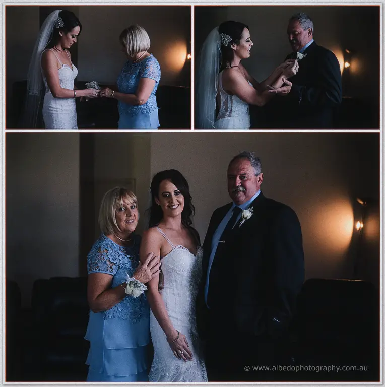 Prue with her parents in formal wear inside the warmly lit Fairbridge venue