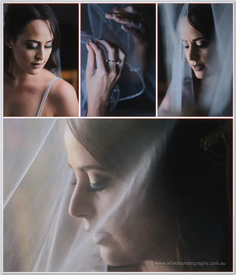 Moody close-up of Prue beneath her tulle veil, showing her engagement ring and tranquil expression