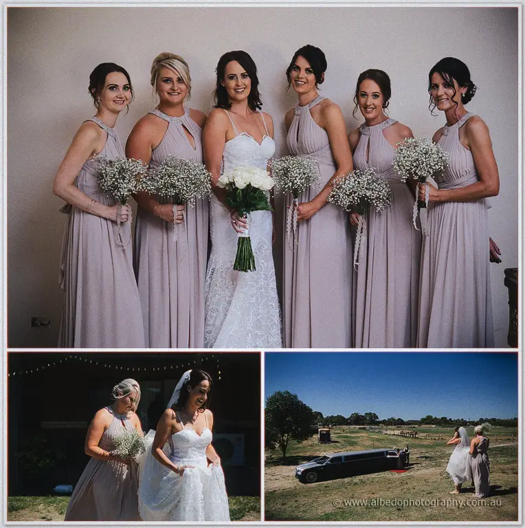 Prue and her bridesmaids holding baby's breath bouquets in soft grey gowns