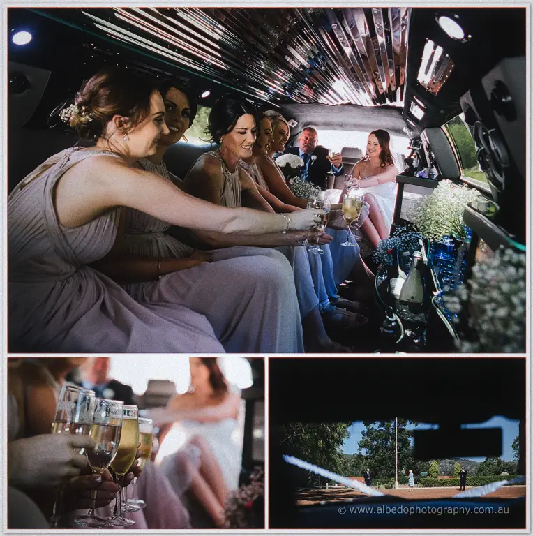 Prue and her bridesmaids toasting champagne inside the limousine on the way to the chapel
