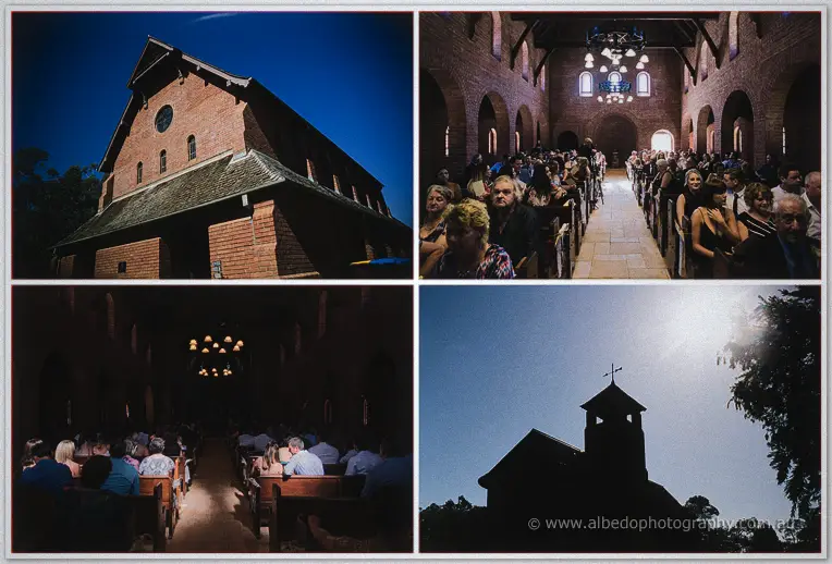 Guests filling the timber pews of the heritage brick chapel at dusk for the ceremony